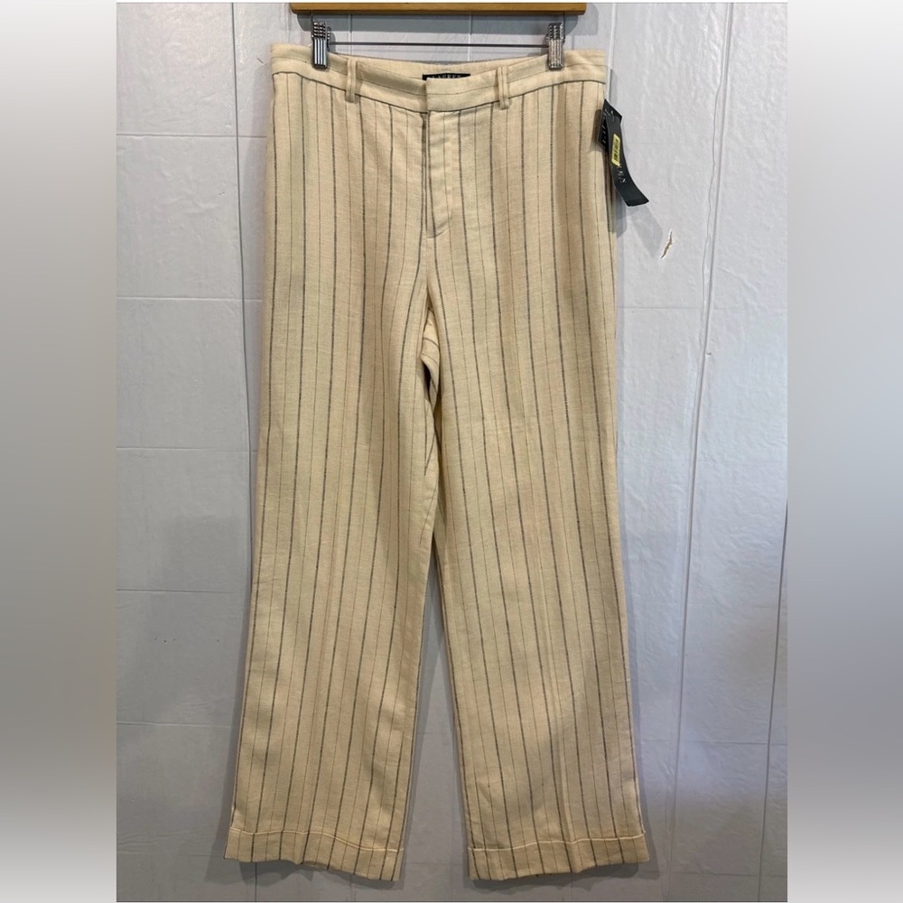 Lauren Ralph Lauren Linen Ivory Black Pinstripe Wide Leg Cuffed Trousers